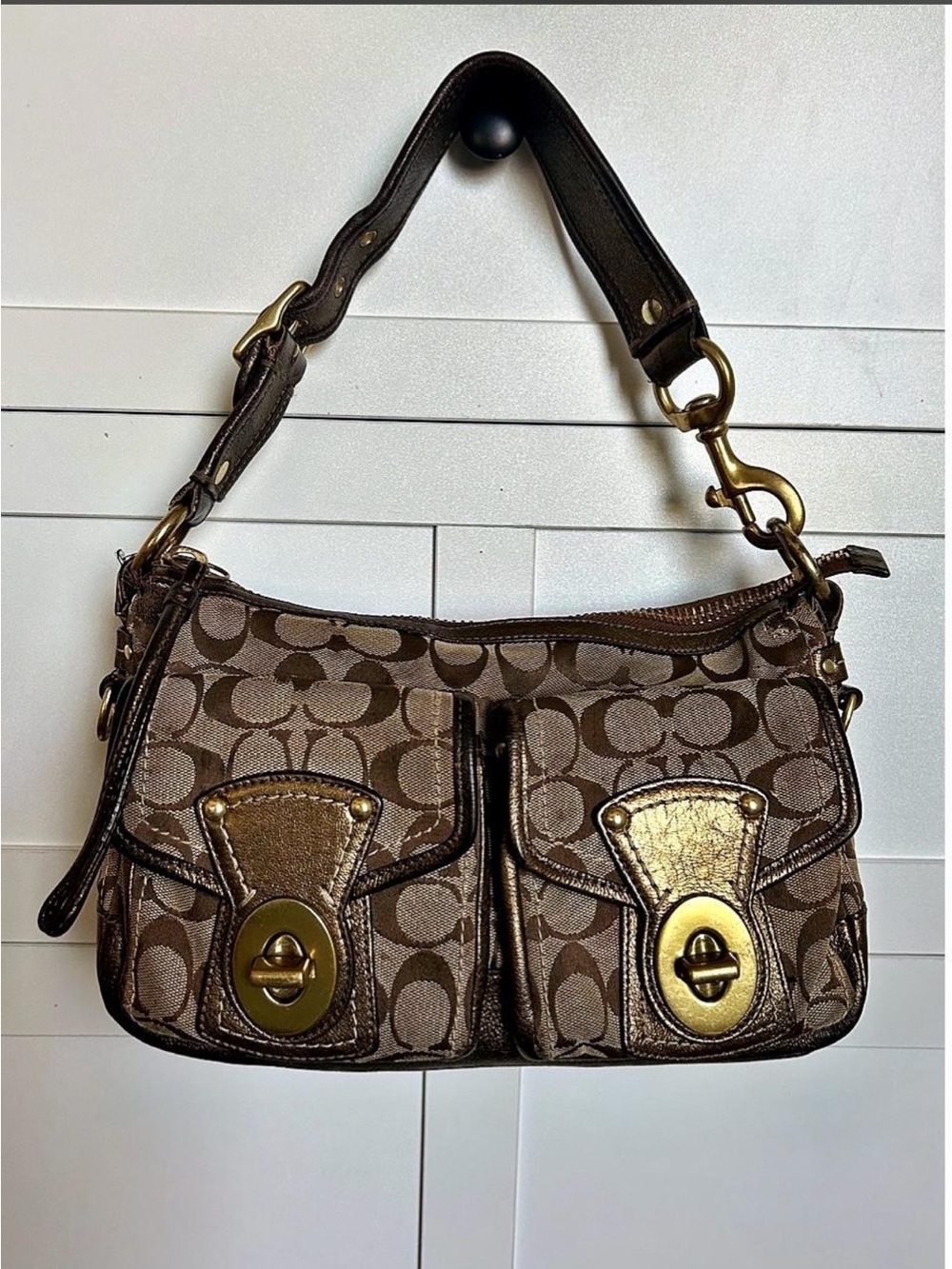 Coach Legacy Signature Canvas Turnlock Metallic Gold Shoulder Bag 10339